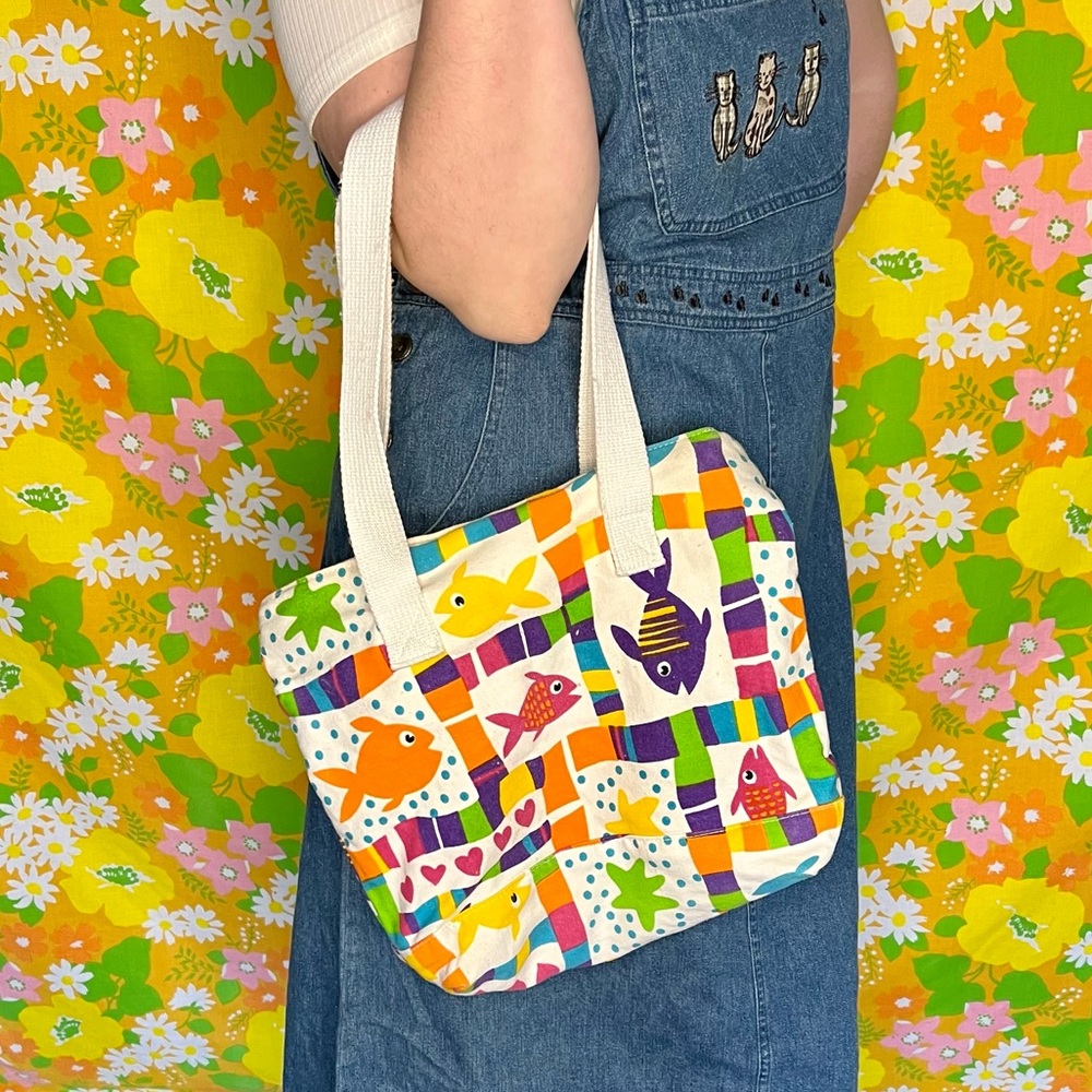 Vintage 90s brightly colored fish tote bag